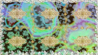 Altın antika ortaçağ dekoratifi, yapraklar ve tarafsız renklerde altın desenli süslemeleri olan dikişsiz bir şablon. Kusursuz kraliyet lüksü, altın barok kumaş rengi..