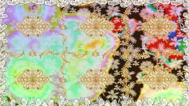 Lüks, kraliyet ve Viktorya dönemi konsepti. Tarafsız renklerde altın element. Süslü raster dekorasyonu. Klasik barok çiçekli, nötr yerine altın desenli..