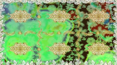 Raster illüstrasyonu. Yeşil renklerde ve altın elementlerle klasik, pürüzsüz desen.