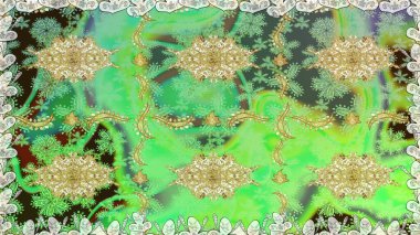 Altın elementlerle yeşil renklerde altın desen. Süslü raster dekorasyonu. Barok tarzında duvar kağıdı tasarımı için kusursuz damaske deseni arkaplanı.