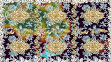 Barok tarzında duvar kağıdı tasarımı için kusursuz damaske deseni arkaplanı. Süslü raster dekorasyonu. Altın elementlerle nötr renklerde altın desen.