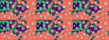 Düz Çiçek Elementleri Tasarımı. Raster illüstrasyonundaki çiçek desenli çizim. Renkli Bahar Teması eskiz kalıbı. Süslü kumaş deseni.