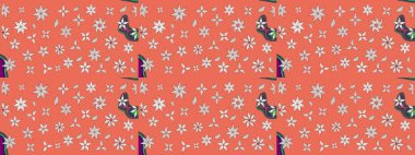 Tekrar eden çiçek arkaplanı, zarif turuncu çiçek duvar kağıdı. Turuncu renkler üzerine çiçek desenli çizimler, el yapımı papatyalar, papatyalar..