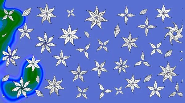 Çiçek desenli çizim. Renkli Bahar Teması eskiz kalıbı. Düz Çiçek Elementleri Tasarımı. Asya tekstil tarzında. Raster illüstrasyonu. Mavi renkte çiçekler.