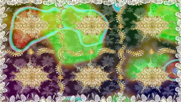Yeşil renkli altın kar taneleri. Sembol bayramı, yeni yıl kutlamaları, altın desenler. Noel altın kar tanesi kusursuz desen. Kış kar dokusu duvar kağıdı.