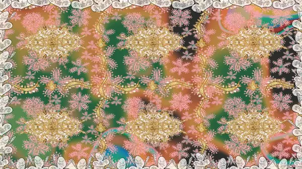 Kusursuz kraliyet lüksü, altın barok kumaş rengi. Altın antika ortaçağ dekoratifi, yaprakları ve bej rengi altın desenli süslemeleri olan pürüzsüz bir desen..