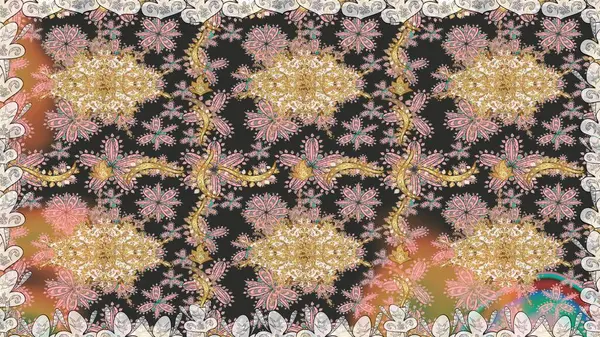 Süslü dekorasyon. Damask altın soyut çiçek gri renklerde pürüzsüz desen. Raster illüstrasyonu.