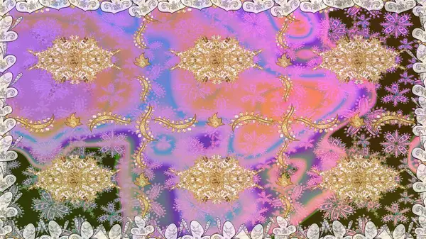 Raster altın tekstil baskısı. Altın elementlerle nötr renklerde altın desen. Çiçek kiremitleri. İslam tasarımı. Kusursuz desenli oryantal süs.