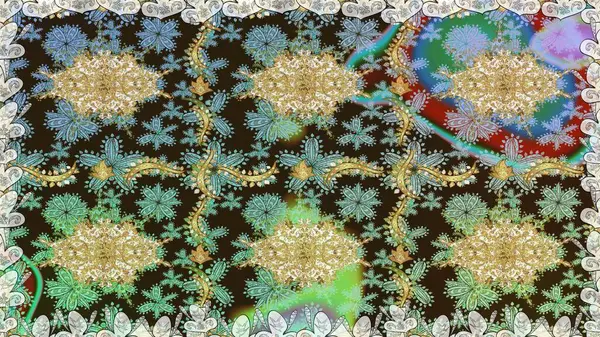 Dekoratif simetri arabesk. Doğum günü kartı, davetiye ya da afiş için iyidir. Kahverengi renklerde altın. Kusursuz ortaçağ çiçek deseni. Raster illüstrasyonu.