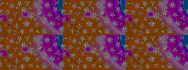 Kahverengi arka planda. Çocuksu tasarım. Tekstil, kumaş, ambalaj, hatıra defteri için hoş bir çiçek arkaplanı. Elle çizilmiş karalama çiçekleri ile Raster çizim deseni.