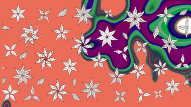 Turuncu arka planda. Elle çizilmiş çiçek desenli Raster çizimi. Çocuksu tasarım. Tekstil, kumaş, ambalaj, hatıra defteri için güzel çiçek arkaplanı..