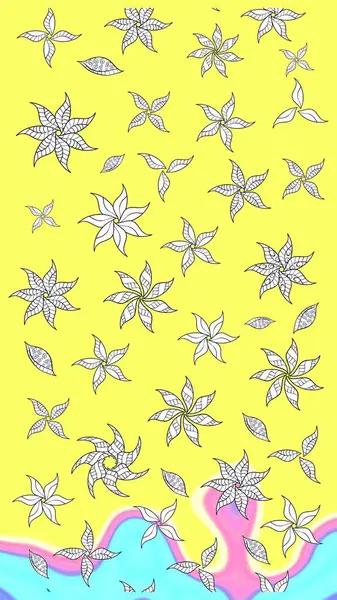 Bahar çiçekleri dallı desen, sarı renkler ve çiçek silueti. Raster deseni.