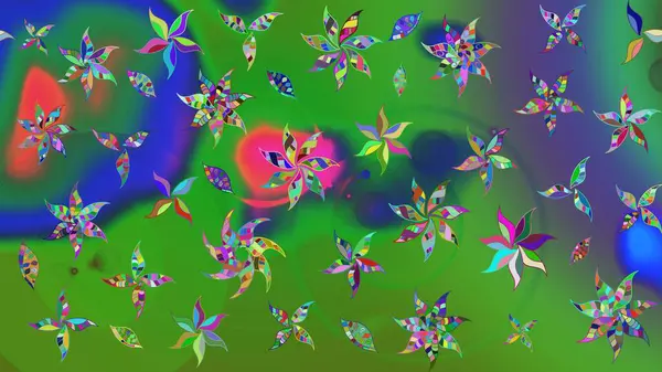 Hediye ambalaj kağıdı, tebrik kartları, posterler ve pankart tasarımı. Raster düz çiçek çizim deseni. Yeşil renkte çiçekler.