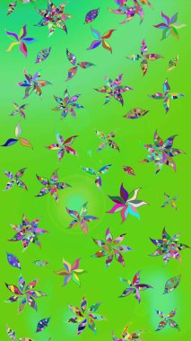 Raster deseni. Patlayan çiçekler soyut olarak yerleştirilmiş. Raster illüstrasyonu. Yumuşak, yeşil renkte bahar çiçekleri.