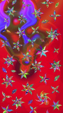 Çiçek desenli çizim. Raster illüstrasyonu. Asya tekstil tarzında. Güzel kumaş deseni. Renkli Bahar Teması eskiz kalıbı. Düz Çiçek Elementleri Tasarımı.