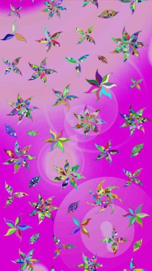 Yumuşak, bahar çiçekleri morumsu renklerde. Raster illüstrasyonu. Çiçek ve yapraklı karalama şeklinde Raster çiçek deseni.