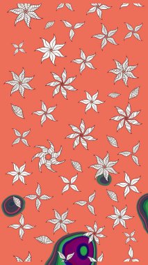 Düz Çiçek Elementleri Tasarımı. Raster illüstrasyonu. Renkli Bahar Teması eskiz kalıbı. Turuncu renkli çiçekler. Çiçek desenli çizim. Asya tekstil tarzında.