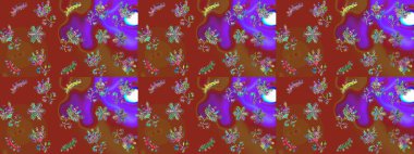 Çiçek süsü ile kusursuz desen. Kırmızı, kahverengi ve mor renkte çiçekler. Raster illüstrasyonu.