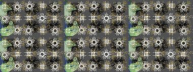 Tarafsız, yeşil ve gri renklerdeki altın desenli altın elementler. Süslü raster dekorasyonu. Barok biçiminde duvar kağıdı tasarımı için şablon çizimi arkaplanı.