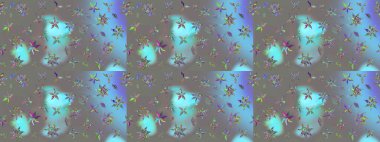 Raster illüstrasyonu. Şirin çiçekli eskiz deseni ve gri renkli yapraklar, suluboya çiçek deseni, duvar kağıdı, kart veya kumaş için fayanslı.