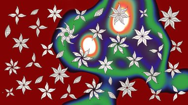 Elle boyanmış suluboya resim çizimleri, çiçekler ve bitkiler. Kırmızı renkte çiçekler.