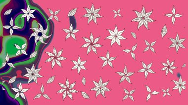 Renkli desenli eskiz deseni, pembe çiçekler ve dekoratif elementlerle. Eskiz geçmişi. Raster illüstrasyonu. Kumaş, tekstil, duvar kağıdı baskısı için. Antika retro tarzı.