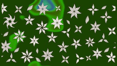 Patlayan çiçekler soyut olarak yerleştirilmiş. Raster deseni. Yumuşak, yeşil renkli bahar çiçekleri. Raster illüstrasyonu.