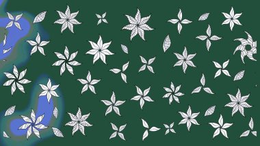 Çok yeşil zarif küçük çiçekler ve yeşil renkli komik böcekler, raster desen, illüstrasyon.