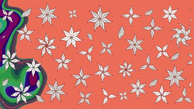 Çiçekli eskiz çizimi. Turuncu renkli çiçekler. Renkli Yaz Temalı eskiz kalıbı. Düz Çiçek Elementleri Tasarımı.