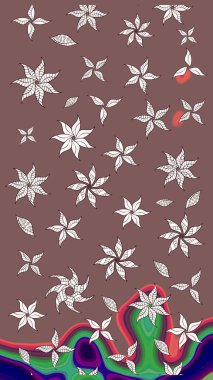 Raster illüstrasyonu. Eskiz geçmişi. Kumaş, tekstil, duvar kağıdı baskısı için. Renkli desenli eskiz deseni, kahverengi çiçekler ve dekoratif elementlerle. Antika retro tarzı.