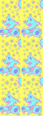 Raster illüstrasyonu. Kumaş, tekstil, duvar kağıdı baskısı için. Eskiz geçmişi. Renkli desenli eskiz deseni, sarı çiçekler ve dekoratif elementlerle. Antika retro tarzı.