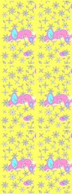 Suluboya elle çizilmiş çiçek desenli eskiz deseni. Parlak renkli fantezi çiçekleri, yapraklar, sarı renkli tomurcuklar.