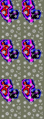 Renkli desenli eskiz deseni, yeşil çiçekler ve dekoratif elementlerle. Eskiz geçmişi. Raster illüstrasyonu. Kumaş, tekstil, duvar kağıdı baskısı için. Antika retro tarzı.