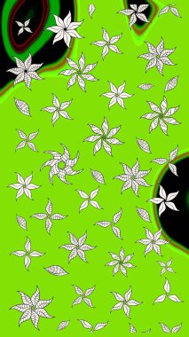 Yeşil renkli bitkilerden oluşan parlak çiçekli çizim deseni.