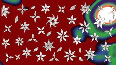 Çiçekli ipek eşarp. El çizimi çiçek unsurları olan soyut çizim raster deseni. 1950-1960 motifleri. Retro tekstil tasarım koleksiyonu. Kırmızıda kırmızı.