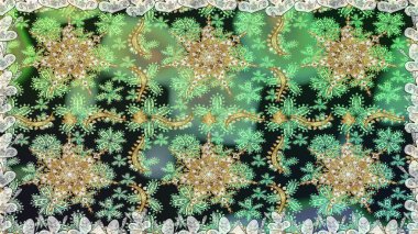 Kusursuz altın desenli bukleler. Raster sanatı. Parlak dantel, stilize çiçekler, şal desenli. Hassas altın deseni açın. Doğu tarzı arabesk. Yeşil renklerde, altın elementlerle kusursuz desen