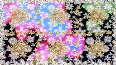 Kına dövmeli süs çiçekleri, altın çıkartmalar, mehndi ve yoga tasarımı, kartlar ve parmak izleri. Raster Golden Mehndi kusursuz desen. Tarafsız renklerde desen.