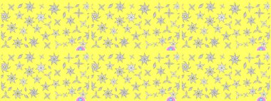 Renkli desenli eskiz deseni, sarı çiçekler ve dekoratif elementlerle. Eskiz geçmişi. Raster illüstrasyonu. Kumaş, tekstil, duvar kağıdı baskısı için. Antika retro tarzı.