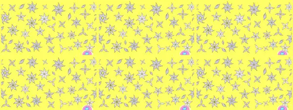 Renkli desenli eskiz deseni, sarı çiçekler ve dekoratif elementlerle. Eskiz geçmişi. Raster illüstrasyonu. Kumaş, tekstil, duvar kağıdı baskısı için. Antika retro tarzı.