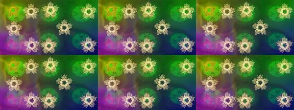 Raster illüstrasyonu. Yeşil, mavi ve mor renkler. Kar tanelerinin soyut arkaplanlı Noel şablonu. Noel ve Yeni Yıl moda baskıları için tatil tasarımı.