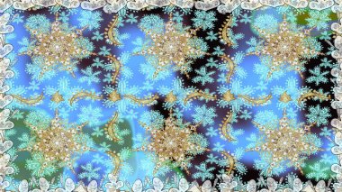 Kusursuz desenli altın elementler. Raster illüstrasyonu. Kart, duvar kağıdı, ambalaj ve tekstil için klasik tasarım. Klasik çiçek dokusu. Kraliyet retro 'su mavi renkte. Altın şablon.