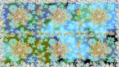 Tekrarlayan elementlerle kusursuz soyut arkaplan. Mavi ve altın desenli. Zarif raster klasik desen.