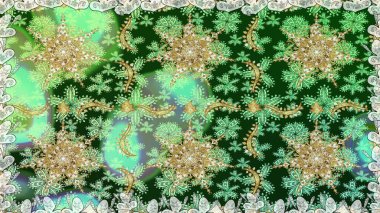 Altın elementlerle yeşil renklerde altın desen. Raster altın pürüzsüz desen. Düz elle çizilmiş klasik koleksiyon. Arkaplan, kumaş, altın duvar kağıdı.