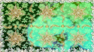 Noel, kar tanesi, yeni yıl 2019. Yeşil renklerde ve altın elementlerle kusursuz klasik desen.