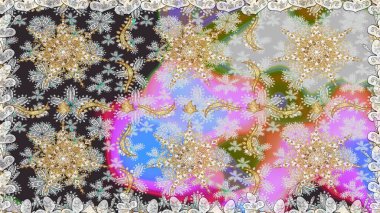 Doğu tarzı arabesk tarzında altın elementler. Gri renklerde kusursuz desen. Raster altın pürüzsüz desen. Kusursuz altın desenli bukleler..