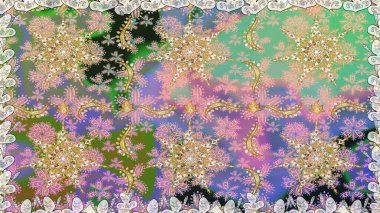 Kusursuz altın desen. Çiçek desenli altın metal. Tarafsız renkler ve altın elementler. Raster altın çiçek süsü brokar kumaş ve cam desenli..