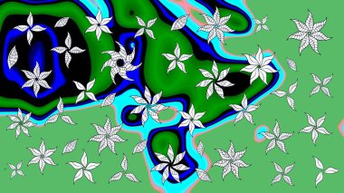 Raster illüstrasyonu. Şirin karalamalı çiçek desenli çizim. El yapımı çiçek ve bitki koleksiyonu. Raster illüstrasyonu. Çizim biçimi yeşil renklerde.