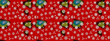 Şirin çiçekli eskiz deseni ve kırmızı renklerde yapraklar, suluboya çiçek deseni, duvar kağıdı, kart veya kumaş için fayanslı. Raster illüstrasyonu.