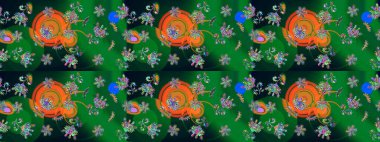 Çiçeksiz desenli nakış işlemeli gelincikler ve vadideki zambaklar. Tekstil tasarımı için yeşil renkli geleneksel halk çiçekleri buketi.