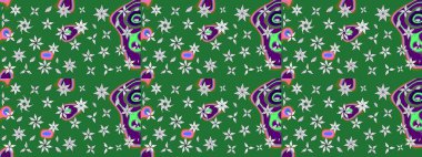 Çiçek desenli çizim. Raster illüstrasyonu. Asya tekstil tarzında. Yeşil renkli çiçekler. Renkli Bahar Teması eskiz kalıbı. Düz Çiçek Elementleri Tasarımı.